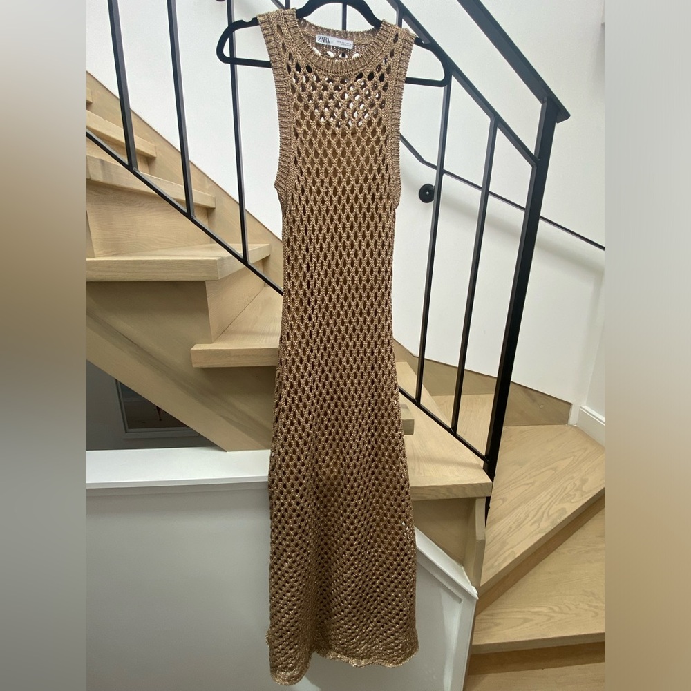 Zara Gold Metallic Crochet Dress with Slip